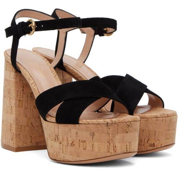 Gianvito Rossi Bebe Cork Platform Sandals in Black & Cork 37.5
